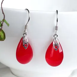 Dangle Earrings Natural 925 Sterling Silver Ear Hook Inlaid Red Chalcedony Water Droplets Simple Retro Jewellery Individuality For Woman