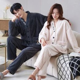 Men's Sleepwear Autumn Winter Thicked Thermal Velvet Pyjamas Set For Couple Kawaii Kimono Style Lovers Man Woman Plaid Flannel Pijamas