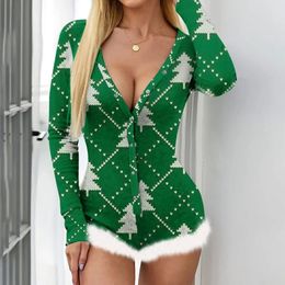 Women Christmas Fluffy Trim Romper Jumpsuit Cartoon Printed Female Mujer Sexy Long Sleeve Pajamas Nightwear Playsuits 231225