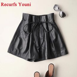 Skirts 2022 Spring Ladies New Europe/america High Waist Genuine Leather Shorts Women Tether Belt Loose Wide Short Pants Street Scanties