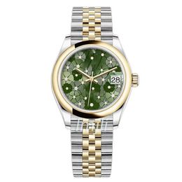 Ladies Mechanical Watch 31mm women watches Green Flower Dial Sliver gold Stainless Steel Strap268v