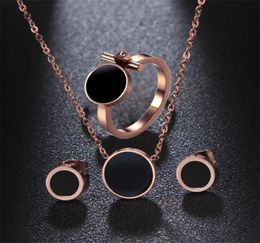 316L Titanium Steel Jewellery Set Rose Gold Black Enamel Ring Earrings Necklace Set4579517