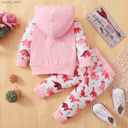 Clothing Sets 0-2 Year Old Newborn Baby Girls Spring Autumn Long Sleeve Hooded Pocket Letter Dinosaur Print Pants Cute Fashion Set