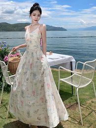 Casual Dresses Women Elegant V-neck High Waist Vacation Evening Party Print Long Dress 2023 Summer Backless Bandage Pleated Slip Sundress