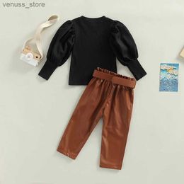 Clothing Sets 2022-06-13 0-6Years Toddler Girls T-shirt Trousers Fashion Puff Long Sleeve Tops PU Leather Long Pants Belt