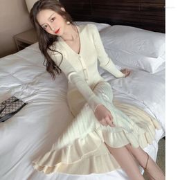 Casual Dresses Flounced Edge Knitted Dress V-neck Solid Pencil Mid-calf Long Autumn And Winter Chic Elegant Woman 2023