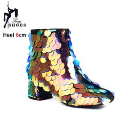 Bling Ankle Boots For Women Large Size Pointed High Heels Crossdressing Show Cosplay Shoes Lady Luxury Short Boots Sequin Botas 231225
