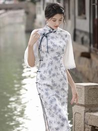 Ethnic Clothing Summer Traditional Chinese Mandarin Collar Chiffon Flare Sleeve Printed Satin Cheongsam Elegant Handmade Buttons Qipao