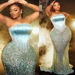 2024 Aso Ebi Sky Blue Mermaid Prom Dress Sequined Lace Beaded Evening Formal Party Second Reception Birthday Engagement Gowns Dresses Robe De Soiree ZJ395