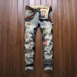 Designer Ripped Jeans Straight Tube Scraped Patch Pants Men's European Style Trendy High Quality Washed