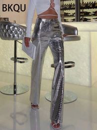 BKQU Scale Leather High Waisted Baggy Pant 2023 Sexy Nightclub Silver Shinny Straight Wide Leg Loose Trousers Party Club 231225