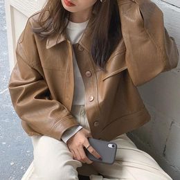 Women's Jackets PU Women Big Girls Coat Faux Leather Soft 2024 Autumn Clothing With Lining Brown Black #1040