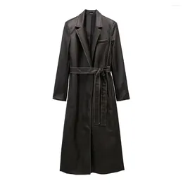 Women's Trench Coats 2023 Fashion Thick Warm Artificial Leather Long Coat Retro Long-sleeved Belt Accessories Chic