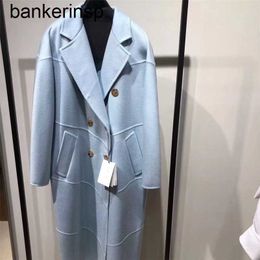 Top Luxury Coat Maxmaras 101801 Pure Wool Coat Stangno Double sided Cashmere Coat Yuan Quan Same Style Water Ripple High end Long Blue CoatJKX3