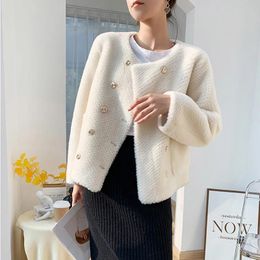 Jackets Oneck Lamb's Wool Coat for Women 2023 Autumn and Winter Korean Short Metal Double Breasted Lady Style Sheep Wool Jackets