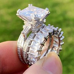 6CT Couple Rings Luxury Jewellery 925 Sterling Silver Princess Cut White Topaz Eiffel Tower Party Women Wedding Bridal Ring Set Gift277G