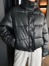 Winter Warm Thick PU Leather Coats Women Short Parkas Fashion Black Cotton Padded Lady Down Jacket Elegant Zipper Clothes 231225