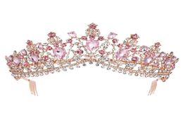Baroque Rose Gold Pink Crystal Bridal Tiara Crown With Comb Pageant Prom Rhinestone Veil Tiara Headband Wedding Hair Accessories Y4878437