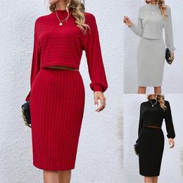 Work Dresses Sexy Two Piece Set 2023 Autumn Knitted Button Long Sleeve Blouse Top Bodycon Skirts Casual Women Party Tracksuits Outfits