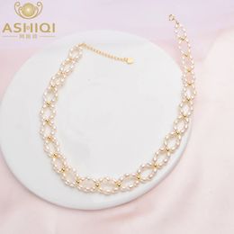 ASHIQI Natural Pearl Choker Necklace 925 Sterling Silver Collares Jewelry For Women 34mm Freshwater 231225