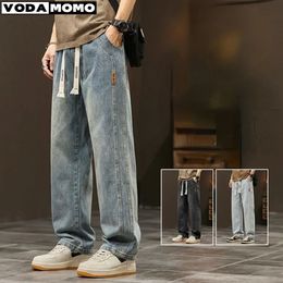 Elastic loose straight jeans mens wide legged denim pants casual trousers Korean style Sportswear clothing men 231222