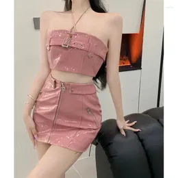 Work Dresses Two Piece Set Women Outfits Summer Spicy Girl Pink Short Bra Tube Top Slim High Waist Wrapped Hip Leather Skirt