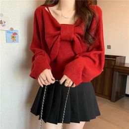 Women's Sweaters Knitted Suspender Sweater Bow Smock Two-piece Set Year Red Autumn Winter Design Base Layer