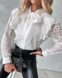 Women's Blouses Elegant Tie Neck Long Sleeve Lace Top Temperament Commuting Female Clothes Spring Woman Fashion Casual