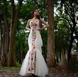 Embroidery Floral Mermaid Mexican Wedding Dress Vintage Long Satin Bridal Gowns Sweetheart Back Lace-Up Plus Size Vestido De Novia