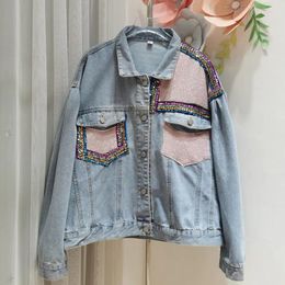 Women's Jackets AYUALIN Boho Casual Long Sleeve Autumn Coats For Women 2023 Fashion Lapel Loose Jeans OutWear Vintage Sequins Denim