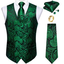 Jackets Fashion Green Paisley Vest for Man Business Festival Dress Fit Men's Waistcoat Silk Necktie Pocket Square Cufflinks Ring