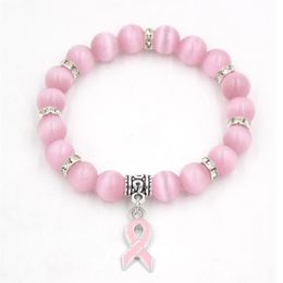 Pack Breast Cancer Awareness Jewelry White Pink Opal Beaded Bracelet Ribbon Charm Bracelets&Bangles Bracelets2586