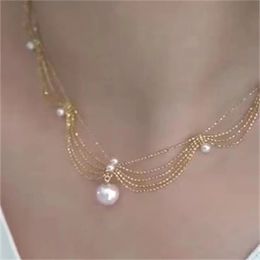 Fashion Wind Wave Multi pearl Fishtail Necklace Female Lace Collar Chain Pearl Knitted 231225