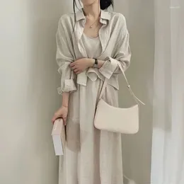 Work Dresses Korean Chic Summer Dress Sets Women Loose Long Sleeve Shirts Sleeveless Strap Two-piece Set In Matching