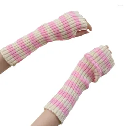 Knee Pads Women Winter Fall Knitted Fingerless Gloves Harajuku Y2K Striped Arm Warmers Thumbhole Mittens Oversleeve JK Accessories