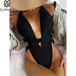 Wear Plunge Neckline One Piece Swimwear Women Black Criss Cross Backless High Cut Out Pucker Deep V Swimsuit Trikini Mulher