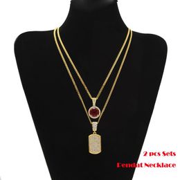 2pcs Sets Pendant Black Red Blue Mini Round Gemstone Big Rhinestones Dog Tag Cuban Chain Two Necklace Men Women HipHop Jewelry 2 N2582