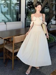 Work Dresses Vintage Beige Sexy Club Summer Suit 2023 Retro Women Sleeveless Backless Zippered Ruffles Tops And Pleated Skirts Two Piece