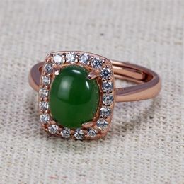 Cluster Rings 925 Sterling Silver For Women Oval Shape Rose Gold Plated Natural Green Jade Micro Paved Zircon Surround Opening Typ2442