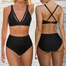 Swim wear Sexy Solid Bikini Women 2023 High Waist Swimwear Female V neck Swimsuit Striped Bathing Suit Beach Wear Summer Bikini Set FemmeL23118