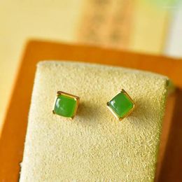 Dangle Earrings Small Ear Studs Women's Mini Exquisite Hetian Jade Stud Simple And Compact Sterling Silver Square Green