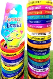 Bulk lots 100pcs Top Design Colorful Charm FOREVER Silicone Bracelets Rubber Sports Wristands Men Women Toys Bangles Birthday Xmas4916414