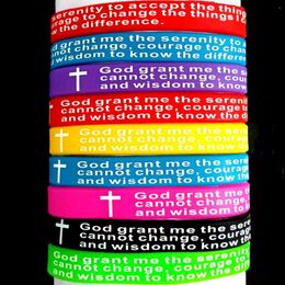 Bangle 50PCS Mix lot GOD SERENITY PRAYER silicone Bracelets Men Women Cross Wristbands Wholesale Jesus Jewellery