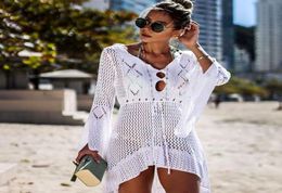 2019 Crochet White Knitted Beach Cover up dress Tunic Long Pareos Bikinis Cover ups Swim up Robe Plage Beachwear9346889