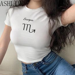 Women's T Shirts Cropped Ribbed Zodiac Sign Fitted 2000s Streetwear T-shirt Y2K Baby Slim Crop Top Cute Kawaii Tee Sexy Cap Sleeve Summer