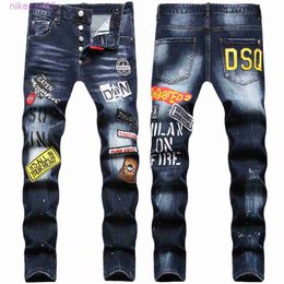 Designer autunno nuovo marchio trendy stampato jeans da uomo moda slim fit piedi piccoli pantaloni a vita media per uomo