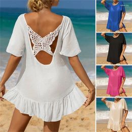 Women's Swimwear Beach Cover Up Dress Swimsuit Wrap Ruffle Round Nech H58D