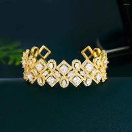 Bangle BeaQueen Luxury Big Gold Colour African Style Jewellery For Women Wedding Shiny Cubic Zircon Open Adjustable Wide Cuff Bangles B275
