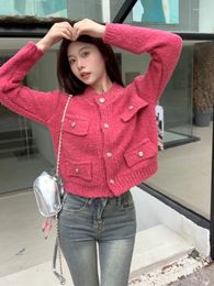 Women's Knits Korean Cropped Cardigan Women Clothing Long Sleeve O-neck Vintage Sueter Mujer Fashion Casual Knitted Sweet Sweater Pull Femme