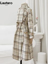 Lautaro Autumn Winter Long Loose Warm Plaid Wool Blends Trench Coat for Women Raglan Sleeve Belt Double Breasted Woollen Overcoat 231225